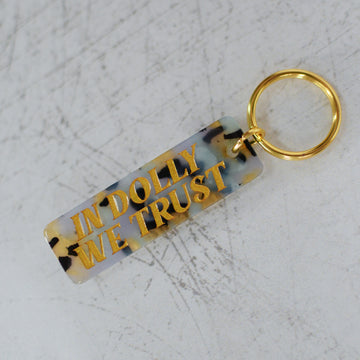In Dolly We Trust Leopard Print Keychain Close Up